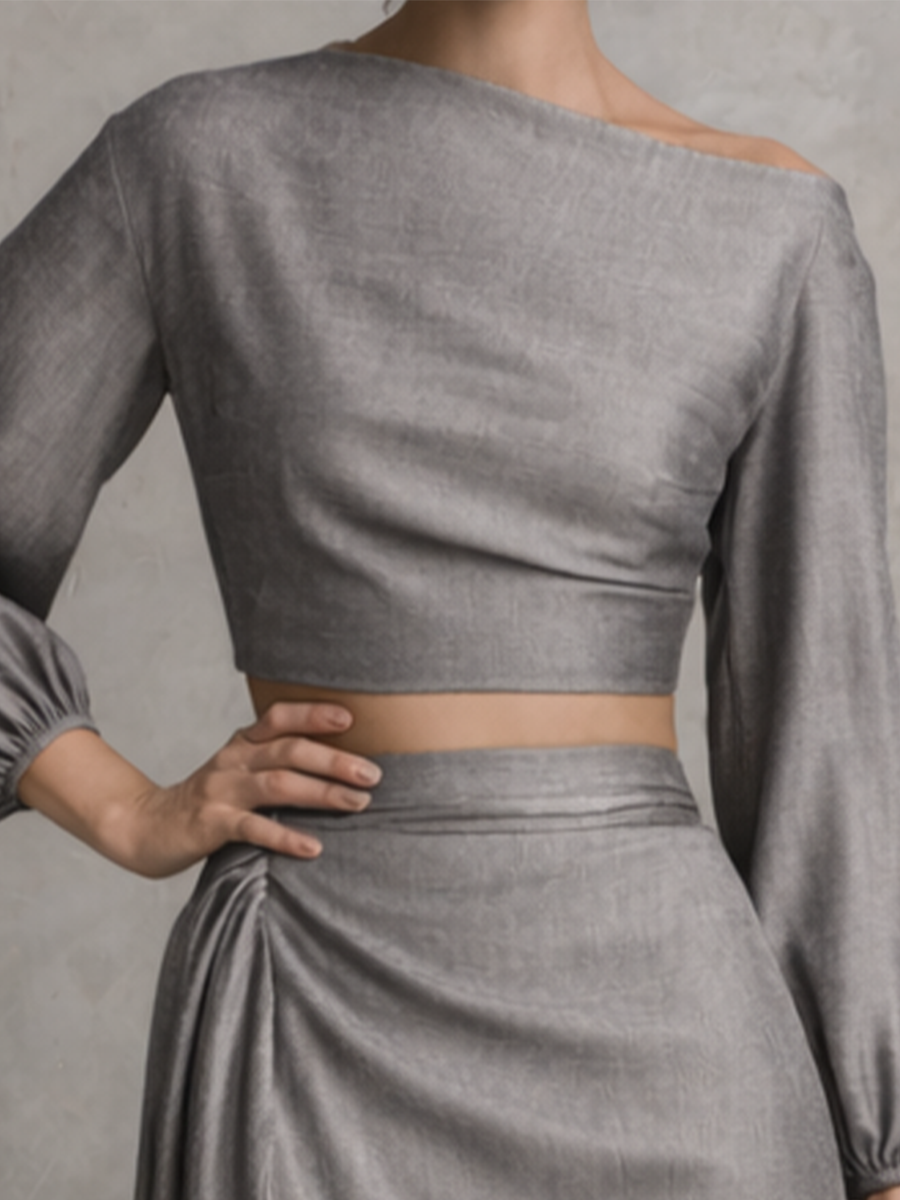 Women's Premium Gray Woven Twill Fabric Off-the-shoulder Top And Slit Skirt Set MDZ1586A6BA