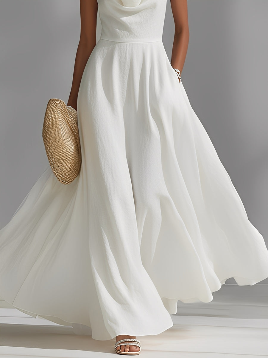 Women's Ivory Textured Dress With Sleeveless Silhouette & Cowl Neck, Modern Effortless-Elegant Style Dress MDZ1506A2I