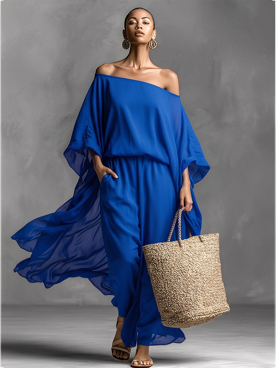 Women's Royal Blue Sheer Chiffon Jumpsuit With Off-the-Shoulder & Batwing Sleeves, Timeless Romantic-Boho Style Jumpsuit MDZ1668A6I