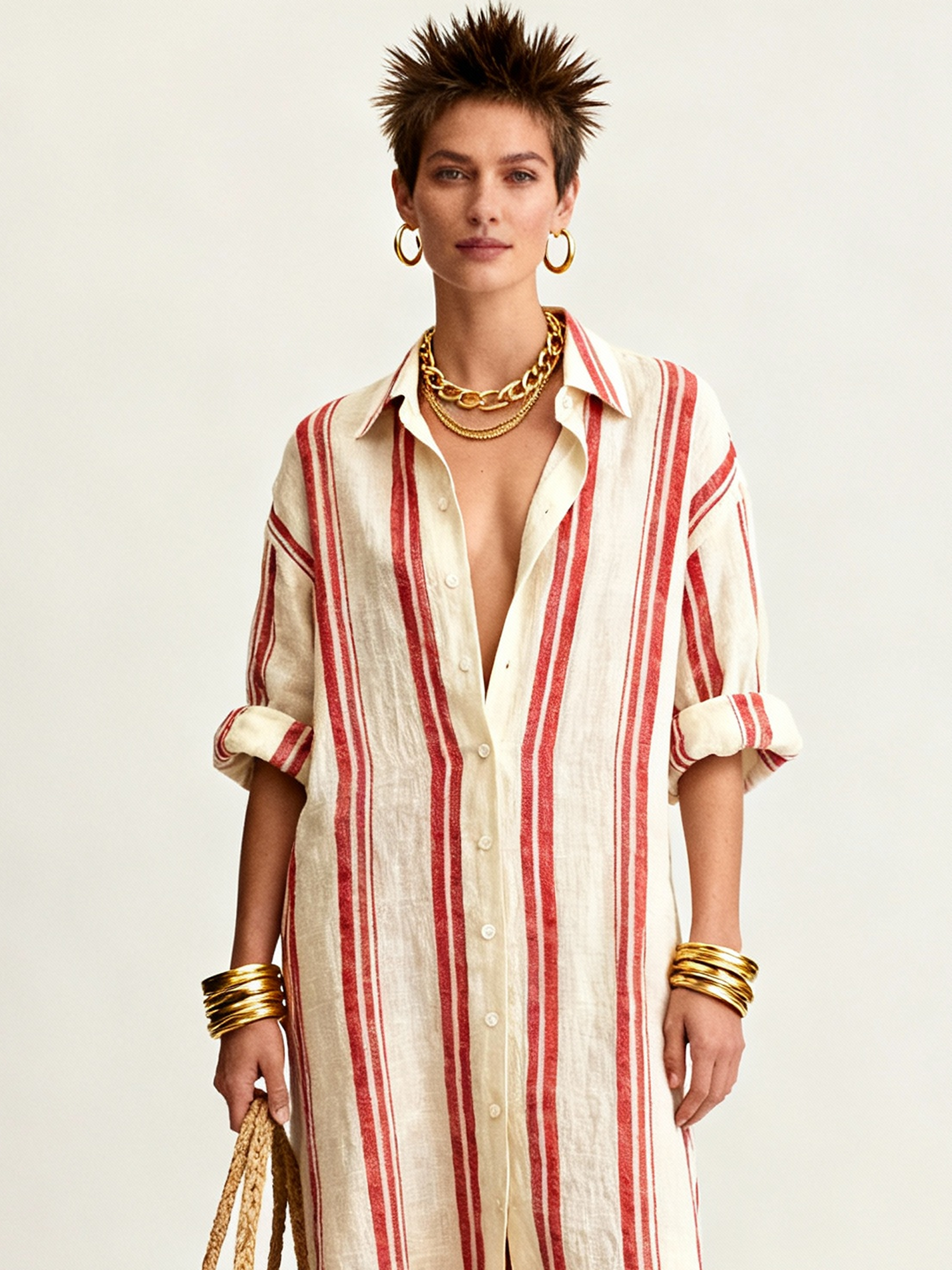 Women's Minimalist Loose-fitting Striped Shirt Maxi Dress MDZ0608A5Y