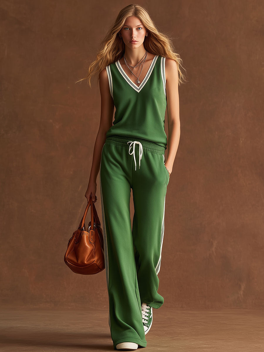 Stylish Sporty Black And White Trim Green Sleeveless V-neck Top And Pants Set