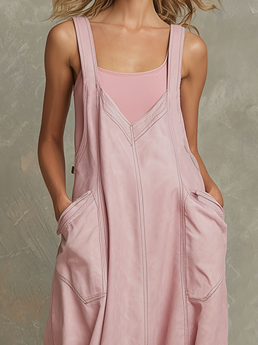 Western-style Casual Pink Overalls With Faux Suede Maxi Dress