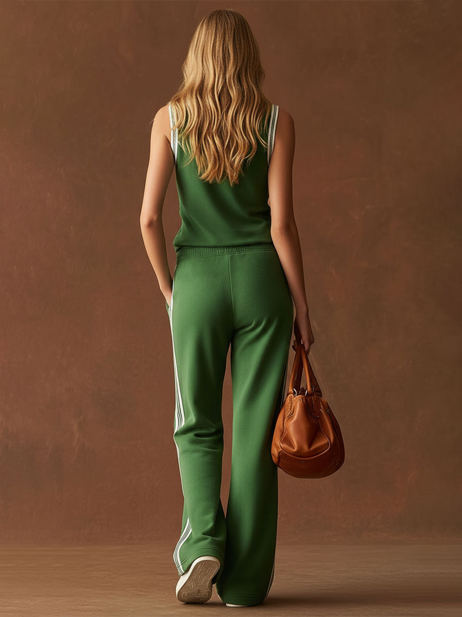 Stylish Sporty Black And White Trim Green Sleeveless V-neck Top And Pants Set