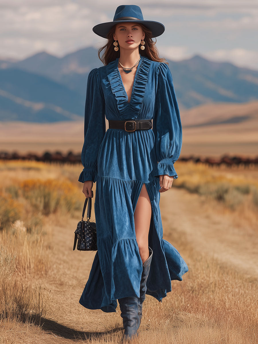 Western-style Vintage Blue Ruffled V-neck Faux Suede Midi Dress