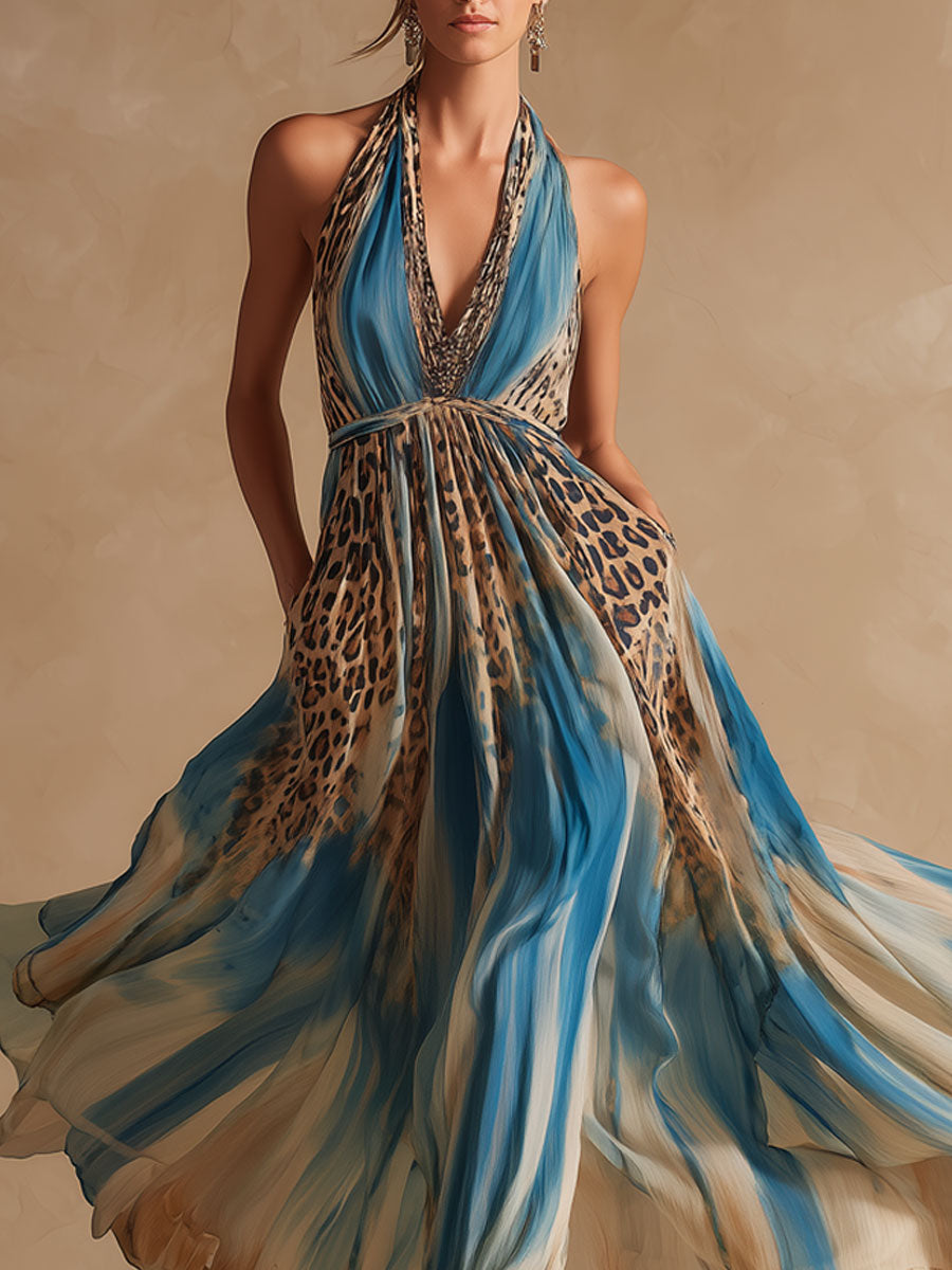 Vacation Retro Leopard Print Gradient Striped Chiffon Sleeveless Maxi Dress