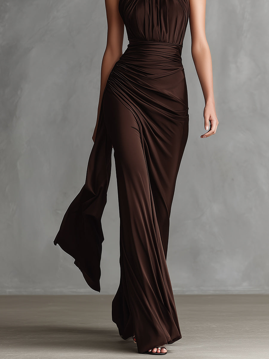 Women's Dark Brown Stretch Dress With Twisted Neckline & Maxi Length, Modern Bold-Elegant Style Dress MDZ1430A6I