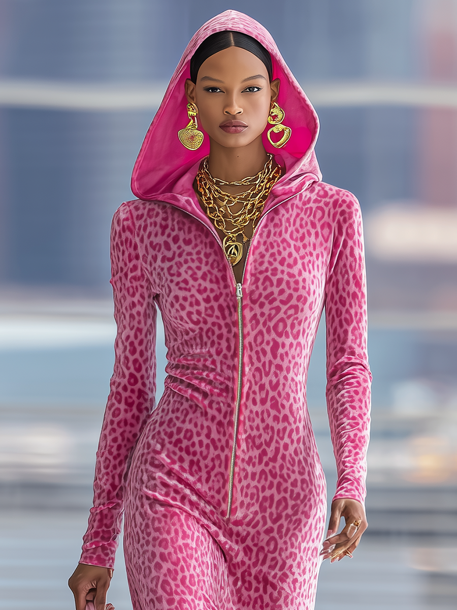 Sporty Zip-up Hooded Leopard-print Velvet Maxi Dress