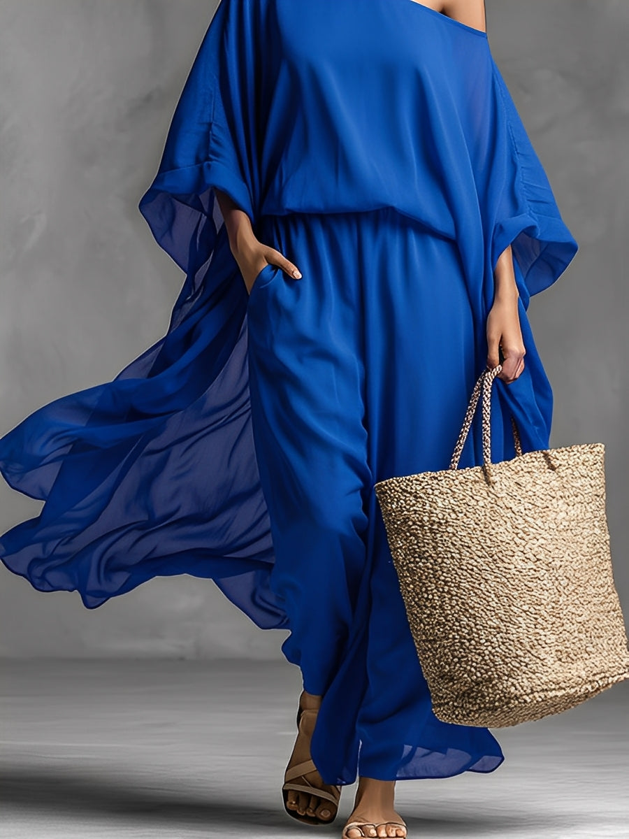 Women's Royal Blue Sheer Chiffon Jumpsuit With Off-the-Shoulder & Batwing Sleeves, Timeless Romantic-Boho Style Jumpsuit MDZ1668A6I