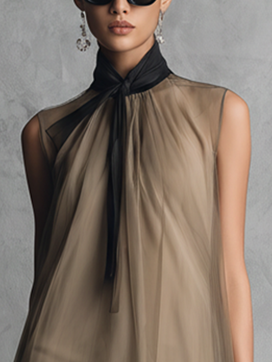 Women's Light Luxury Khaki And Brown Color-blocked Chiffon Sleeveless Dress MDZ1535A7BA