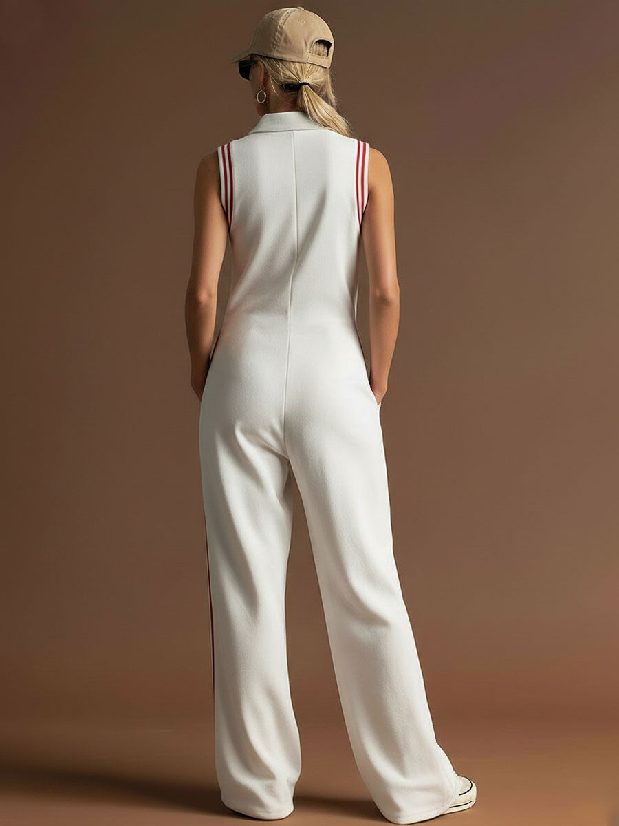 Sporty Retro Red Ribbon White Cotton Sleeveless Jumpsuit