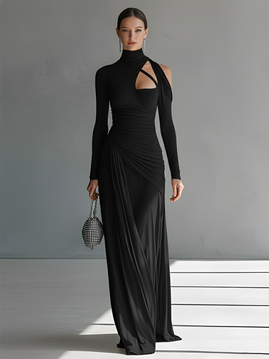 Women's Grey Silky Stretch Sophisticated Ruched Detail Cut-Out Maxi Dress MDA0546K6I