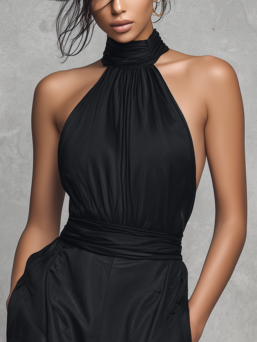 Women's Elegant Black Acetate Double-sided Satin Halter Jumpsuit MDZ1549A0BA