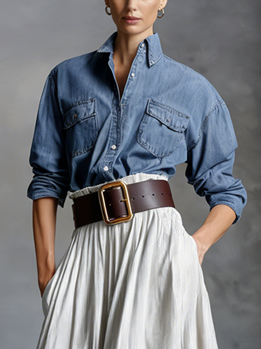 Women's Elegant Tencel Denim Shirt And Cotton Blend Long Skirt Two-piece Set(Belt not included) MDZ0455A1BA