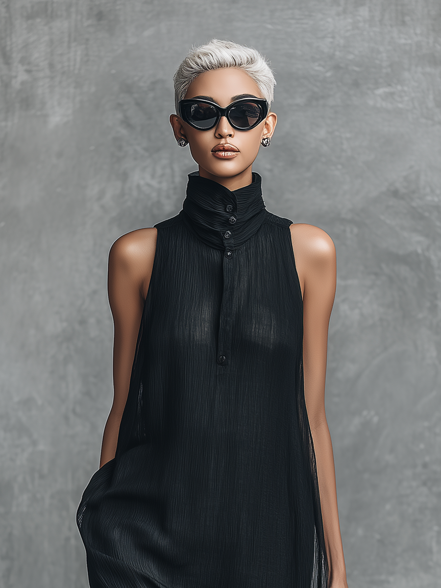 Women's Simple Style Black Chiffon Crinkle Sleeveless Stand-collar Long Dress MDZ1515A5BA