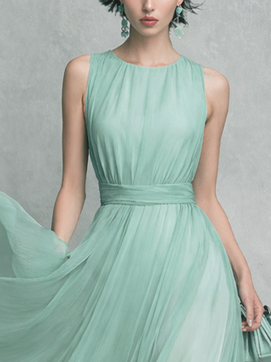 Women's Elegant Mint Green Chiffon Sleeveless Long Dress With A Fitted Waist MDZ1550A9BA
