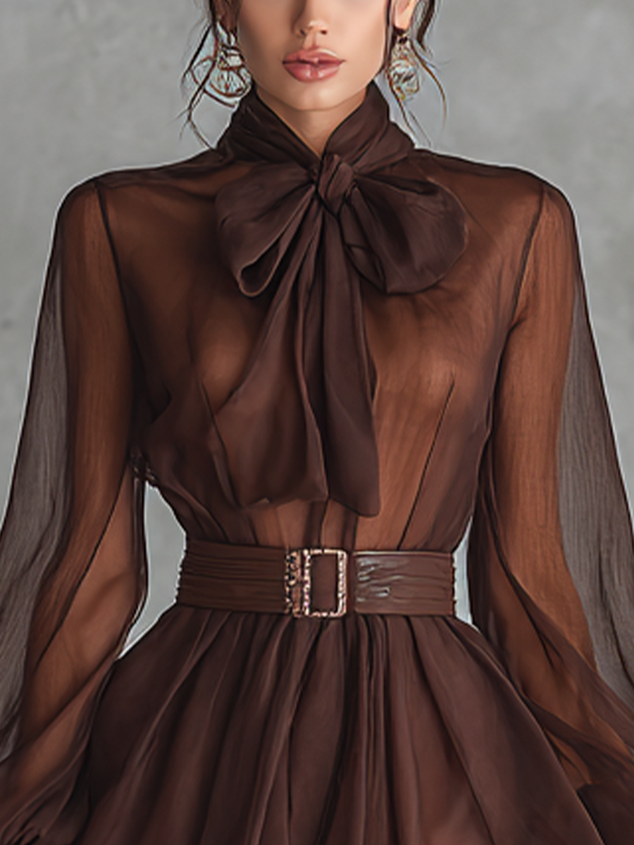 Women's Vintage Brown Chiffon Long-sleeved Short Dress With A Bow(belt Not Included) MDZ1554A6BA