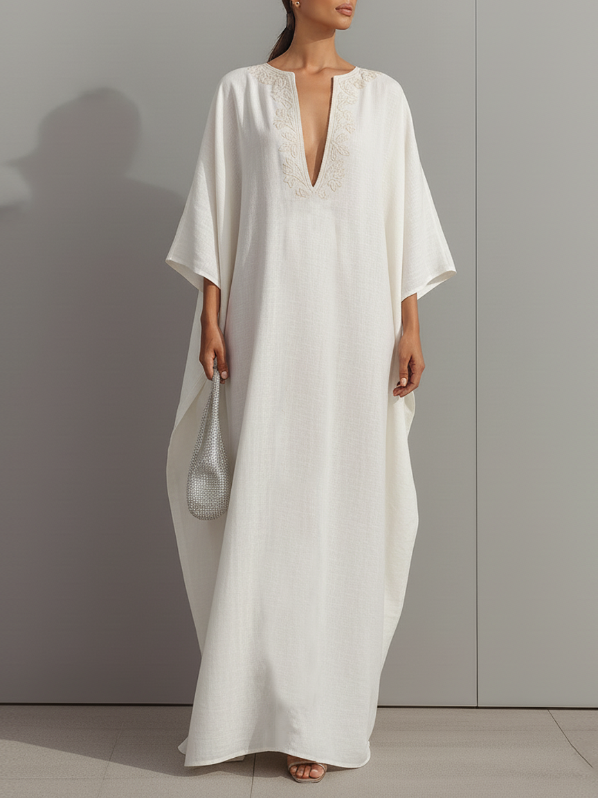 Women's Minimalist Loose-fitting Linen Blend Maxi Dress With Embroidered Neckline MDZ0546A6Y