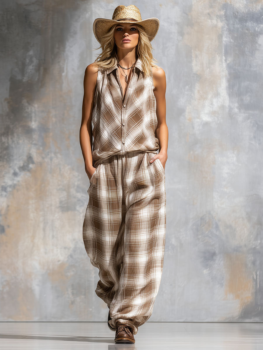 Checked Print Lapel Sleeveless Shirt And Trousers Chiffon Set