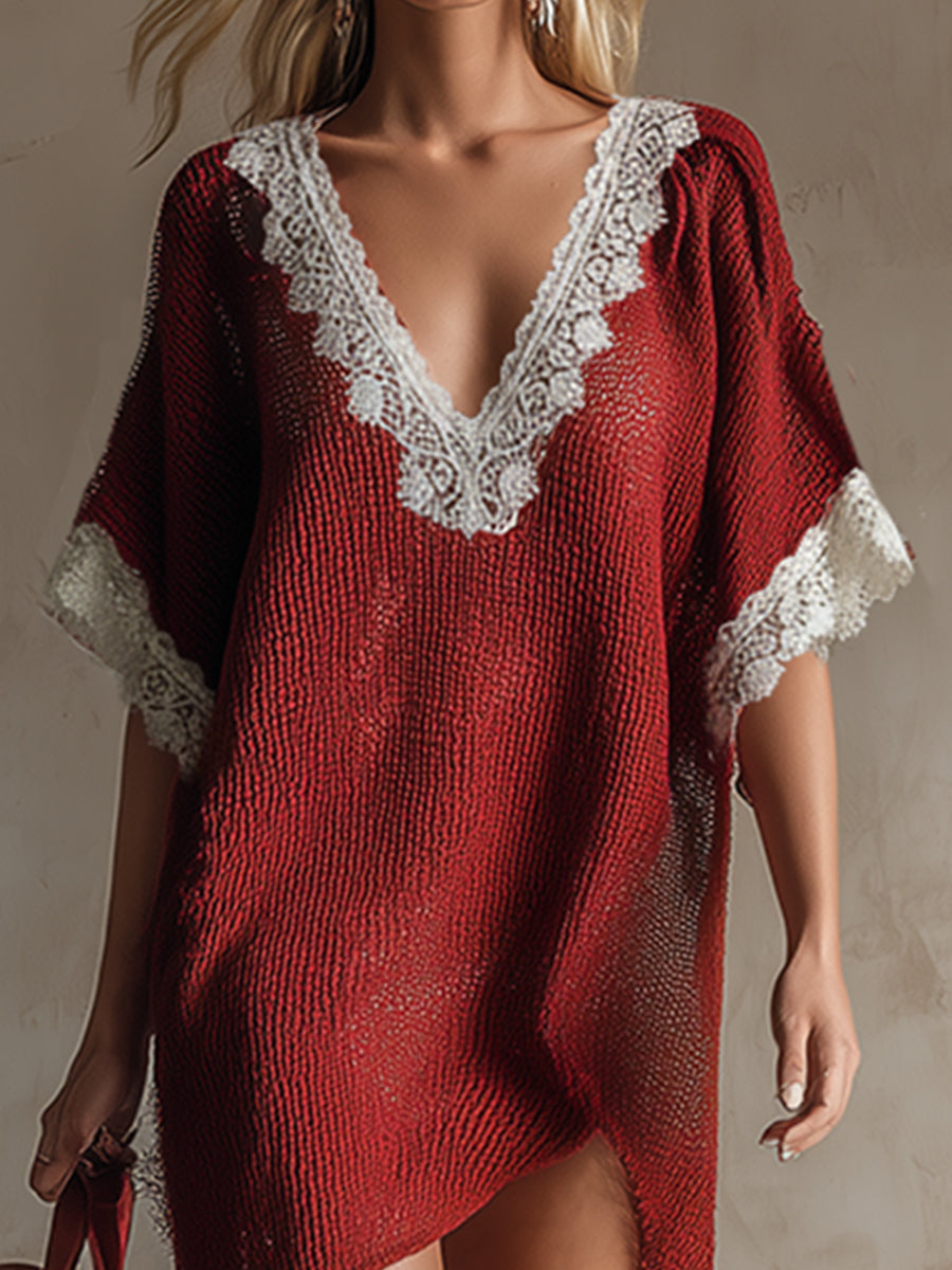 Elegant And Charming Bias-cut Hem Red Lightweight Knitted Maxi Dress