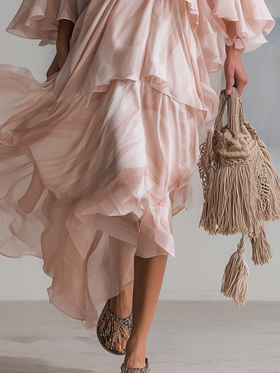 Elegant And Romantic Pink Floral Print Layered Flared Sleeved Maxi Dress