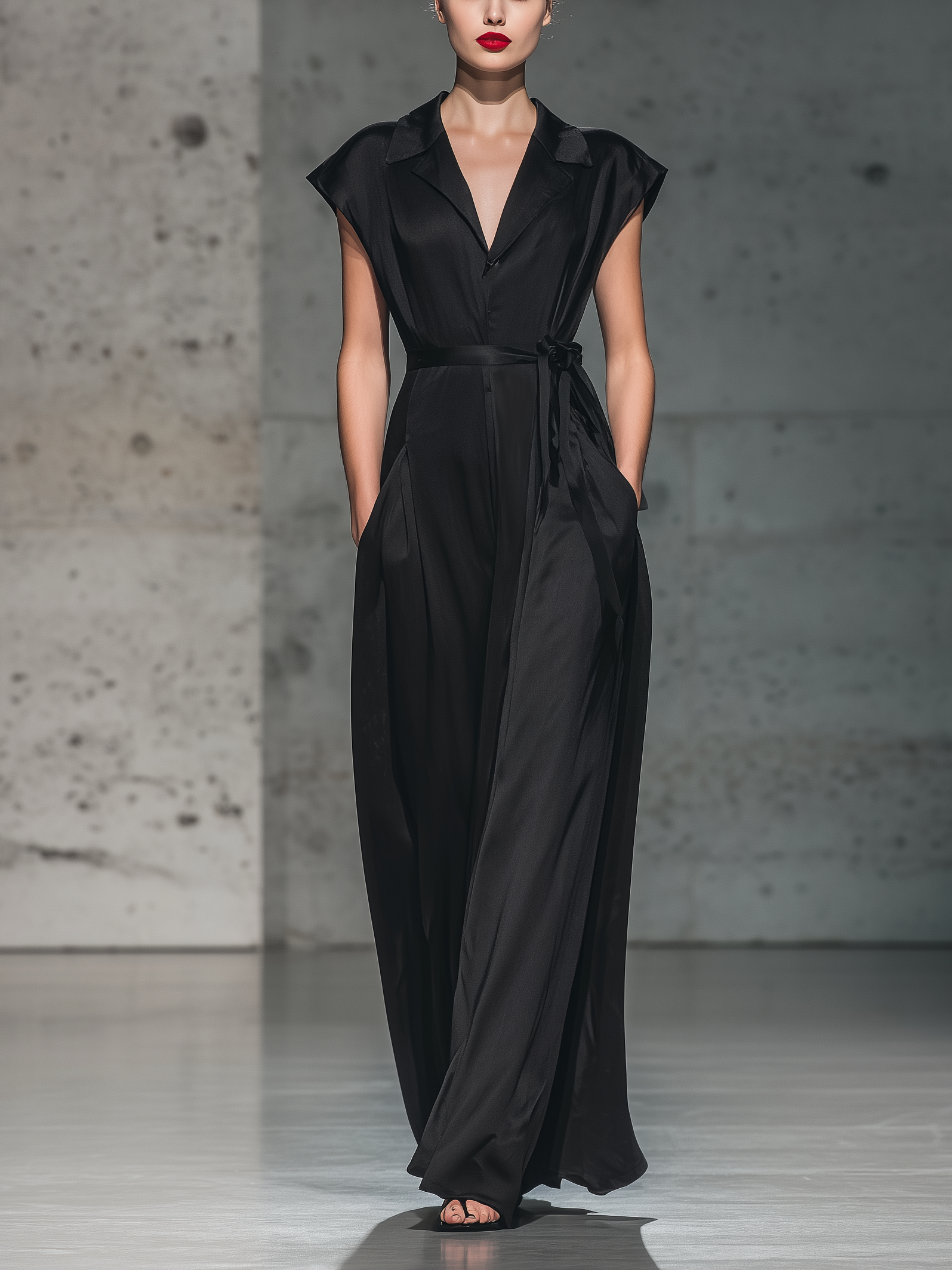 Women's Elegant Black Satin Short-sleeved Shirt Dress With Collar And Belt MDZ0674A2AN