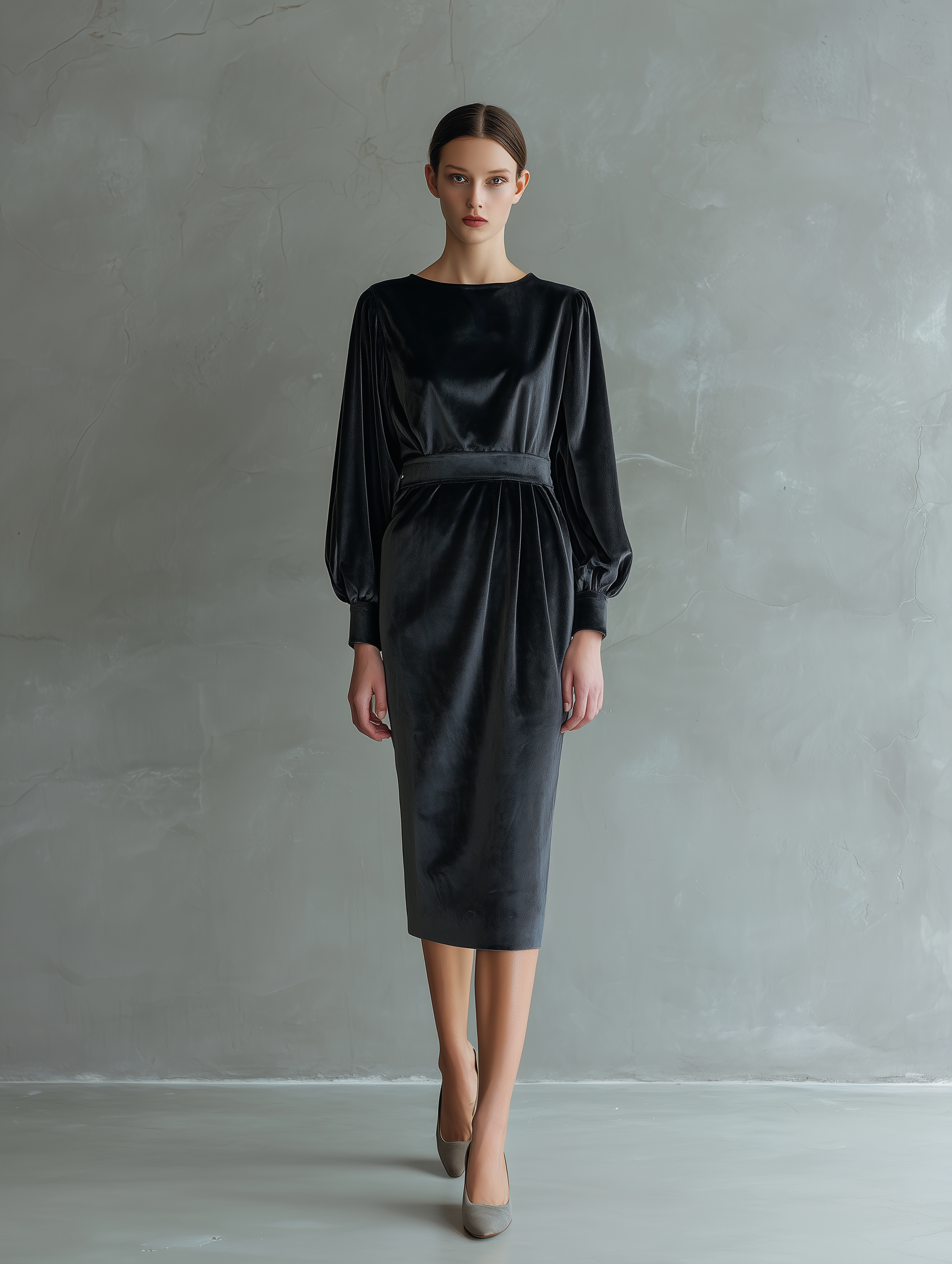 Women's Elegant Black Velvet Round-neck Long-sleeved Midi Dress MDZ1612A1AN