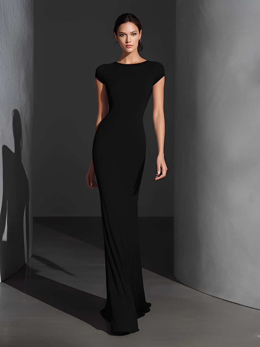 Women's Black Stretch Knit Dress With Cap Sleeves & Bodycon Silhouette, Timeless Sleek-Sophisticated Style Dress MDZ1253A5I