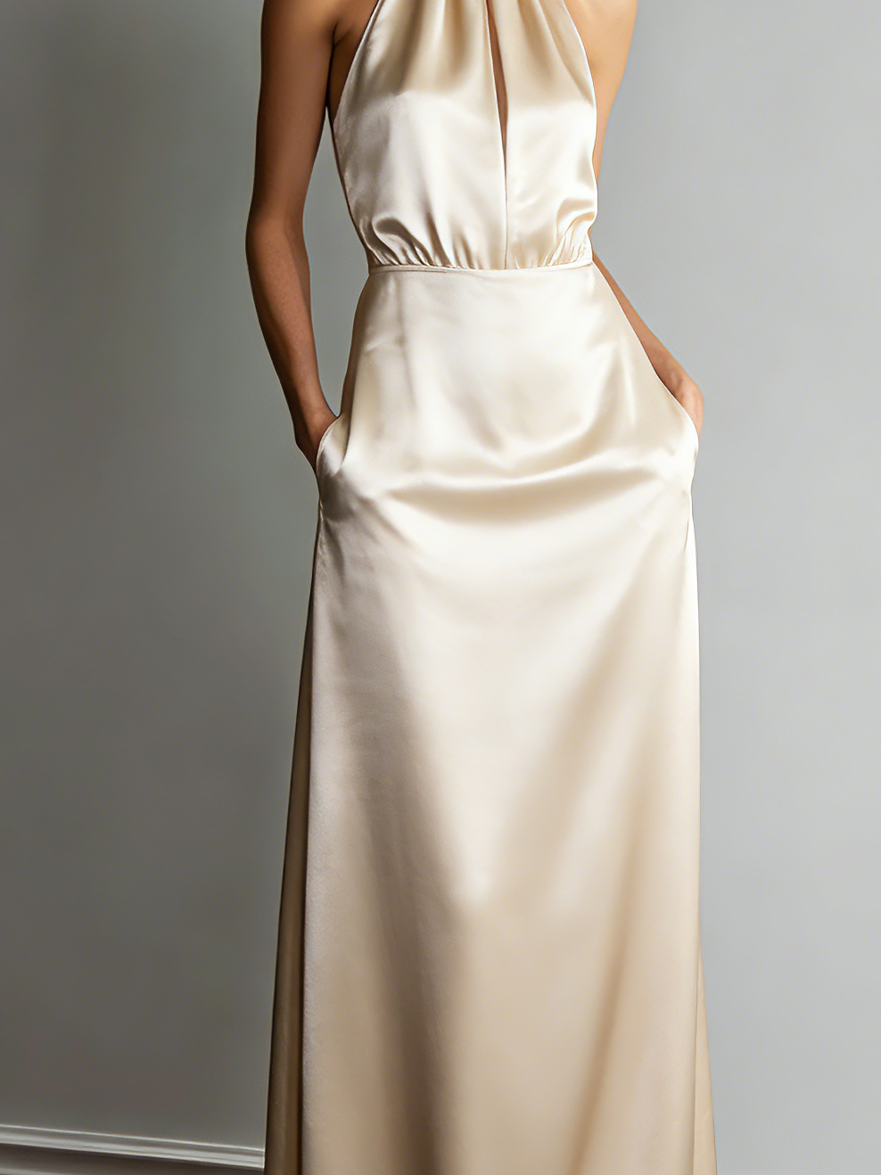 Women's Elegant Beige Satin Halter-neck Sleeveless Maxi Dress MDZ1438A5AN
