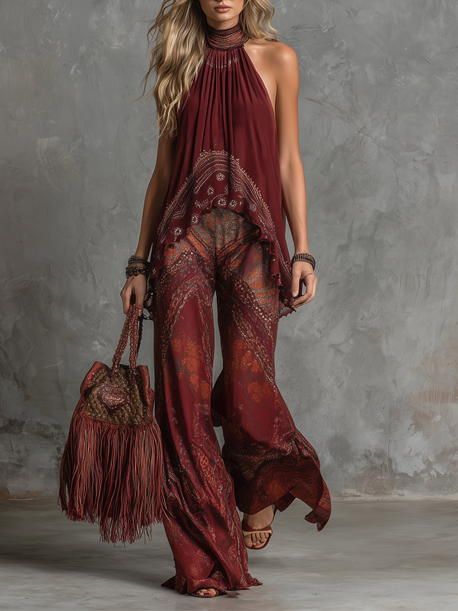 Elegant Vintage-style Printed Burgundy Chiffon Halter Top And Trousers Set
