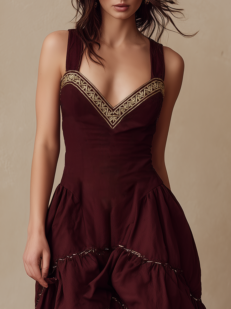 Stylish Western-style Gold Woven Trim Sleeveless Deep Red Maxi Dress