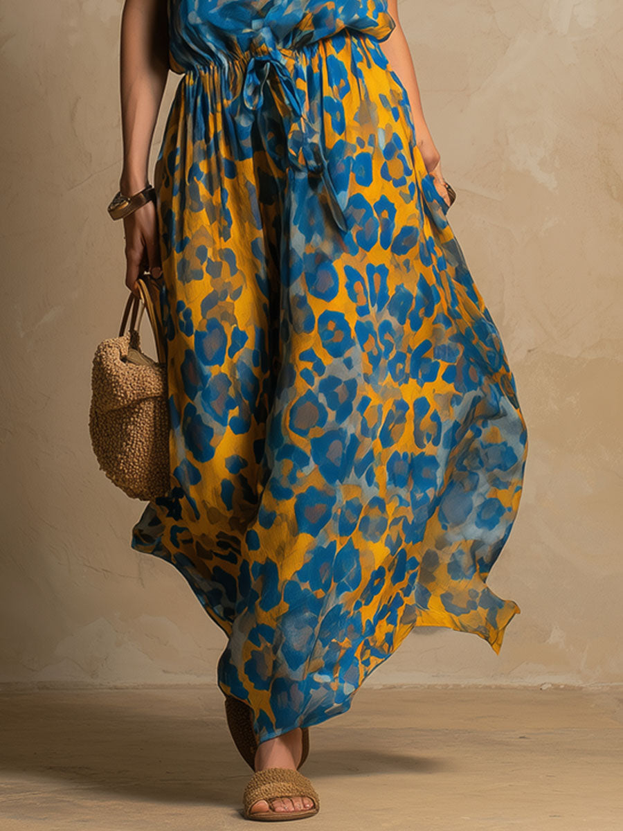 Leopard Print Round-neck Chiffon Sleeveless Maxi Dress