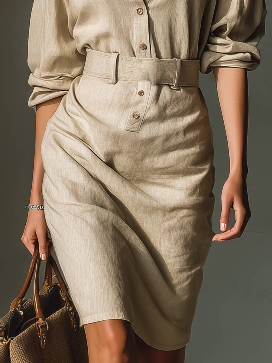 Women's Beige Linen Fabric Button-Front Shirt Dress MDZ1544A9T