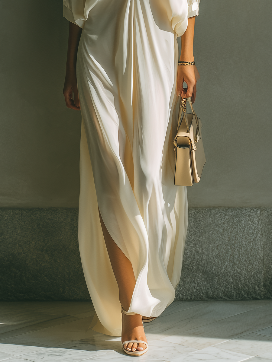 Women's Ivory Silky Fabric Deep V-Neck Maxi Dress With Puff Sleeves & Side Slit MDZ1509A2T