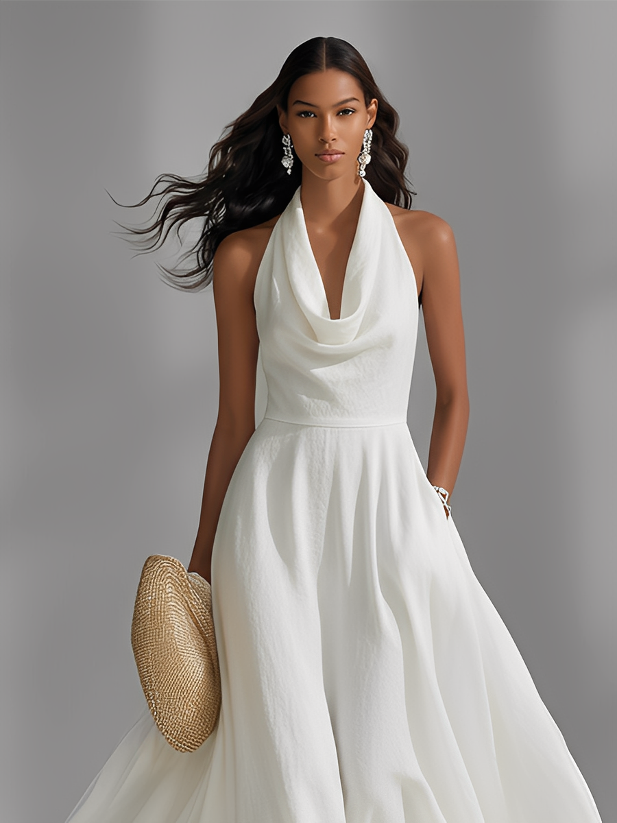 Women's Ivory Textured Dress With Sleeveless Silhouette & Cowl Neck, Modern Effortless-Elegant Style Dress MDZ1506A2I
