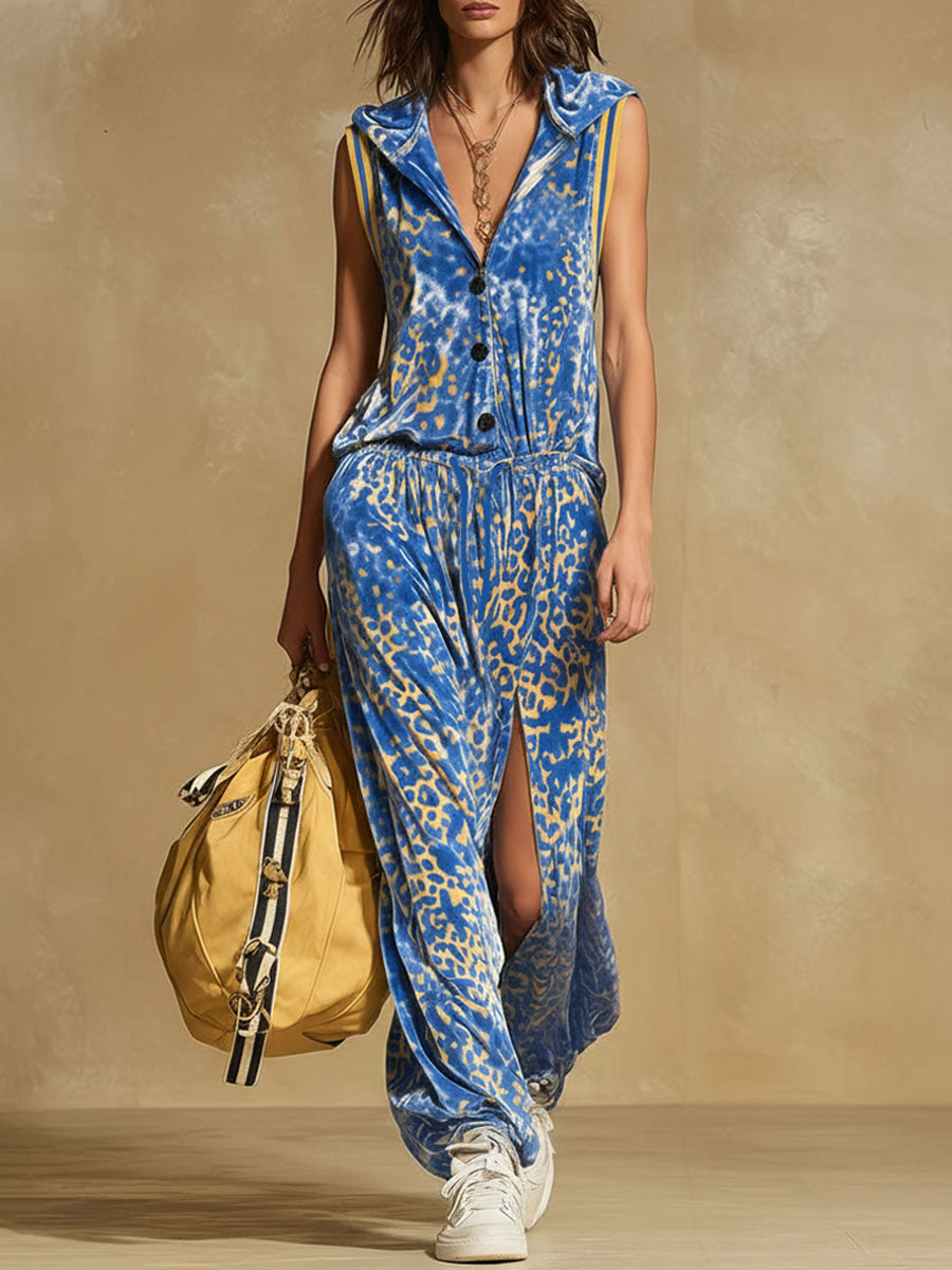 Hooded Leopard Print Slit Velvet Sleeveless Maxi Dress