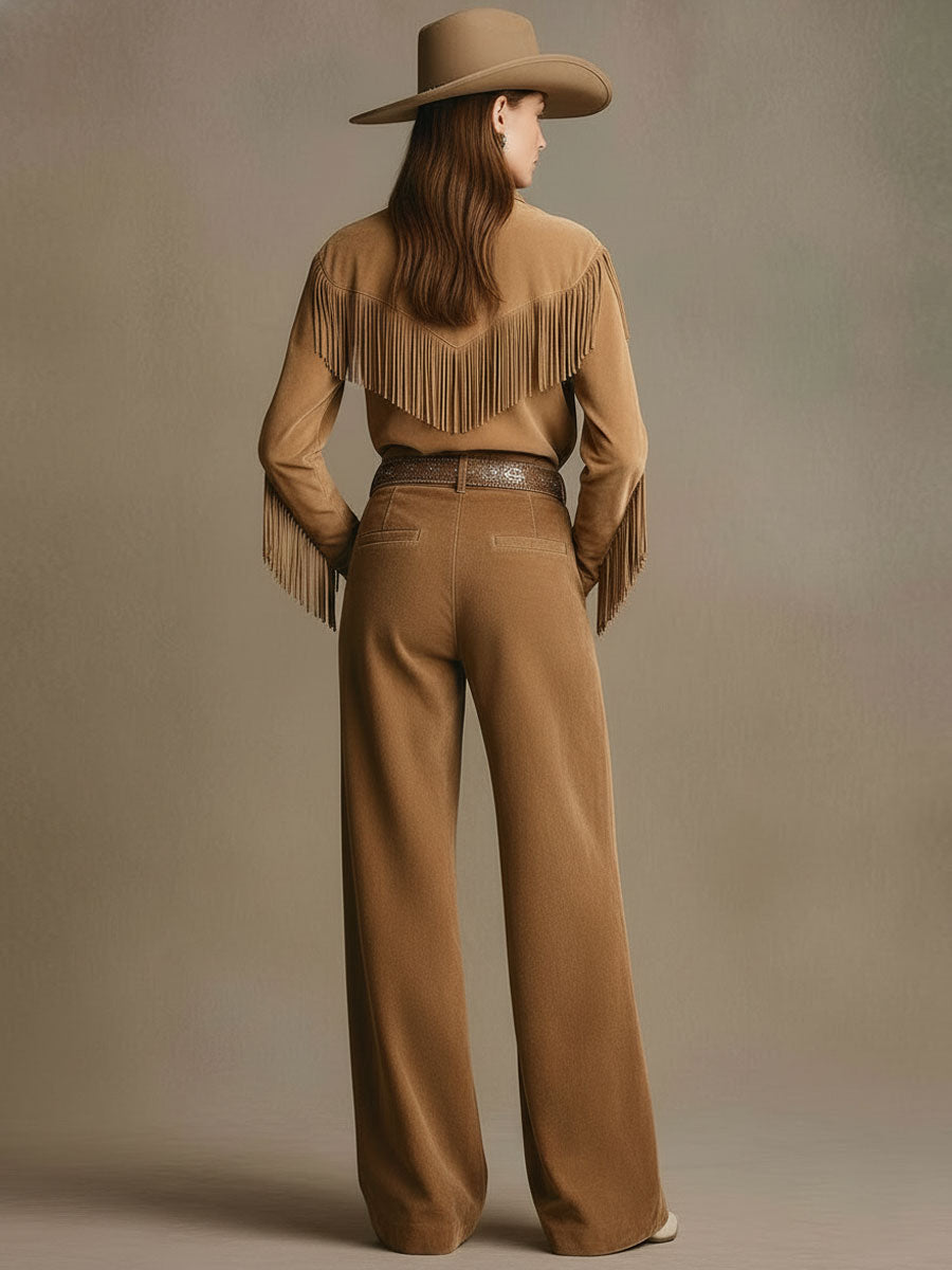 Western Retro Light Brown Faux Suede Wide-leg Pants