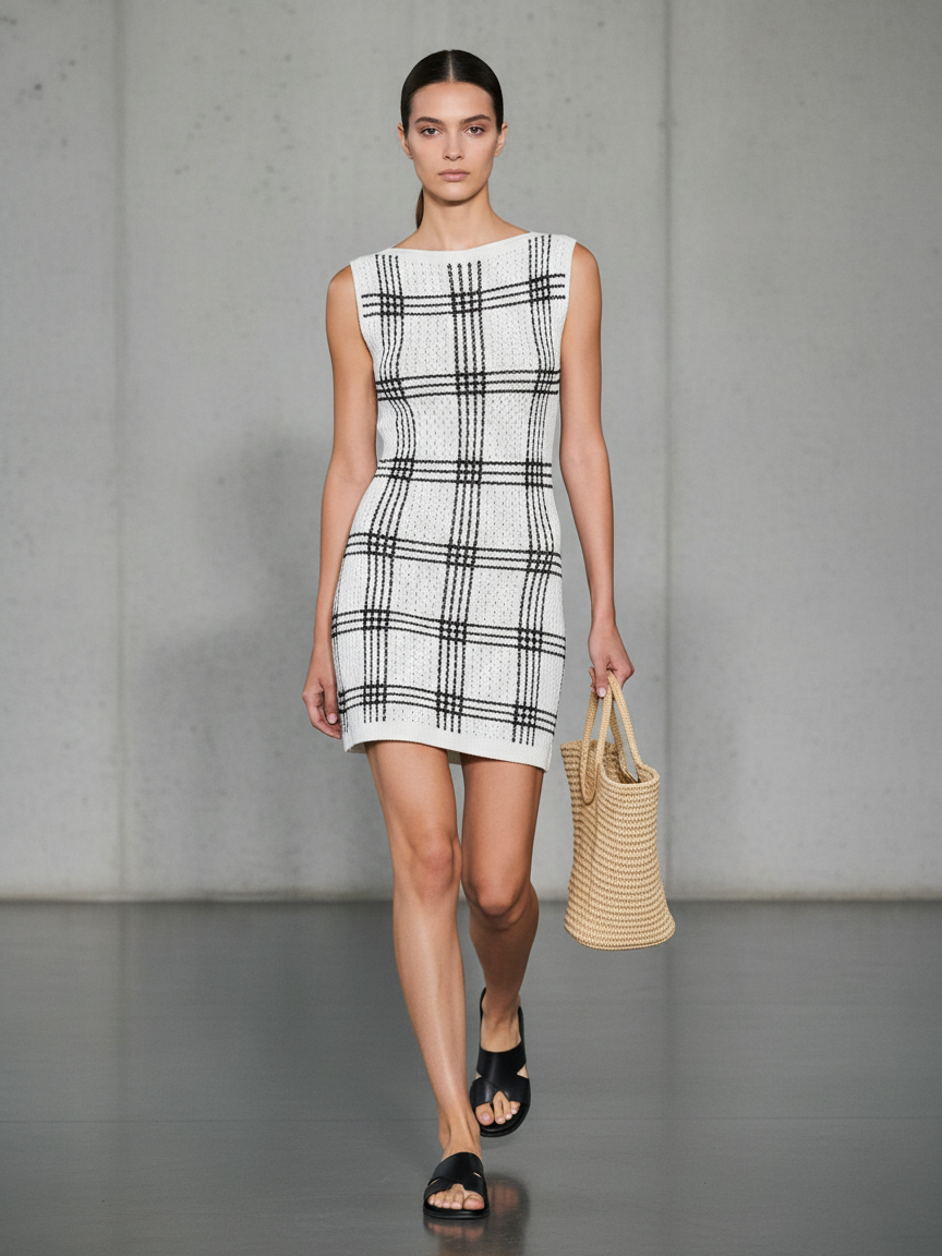 Women's Minimalist Checkered Knit Boat Neck Sleeveless Mini Dress MDZ1537A5Y