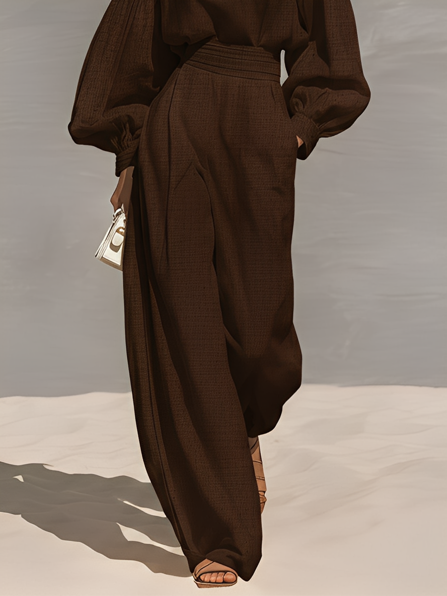 Women's Chocolate Woven Set With Puff Sleeve Turtleneck & Wide-Leg Pants, Timeless Luxe-Chic Style Set MDZ1509A3I