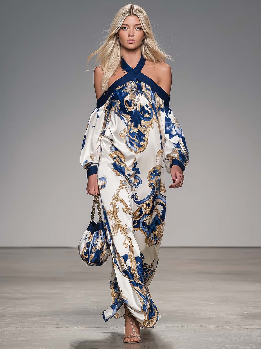 Elegant Retro Flowing Off-shoulder Strappy Baroque-style Printed Pearl White Satin Maxi Dress