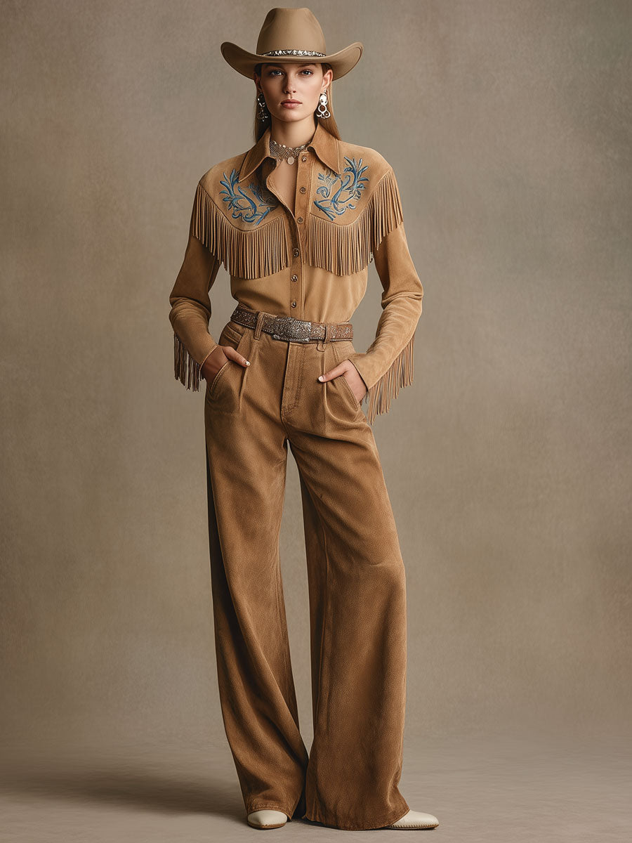 Western Retro Light Brown Faux Suede Wide-leg Pants