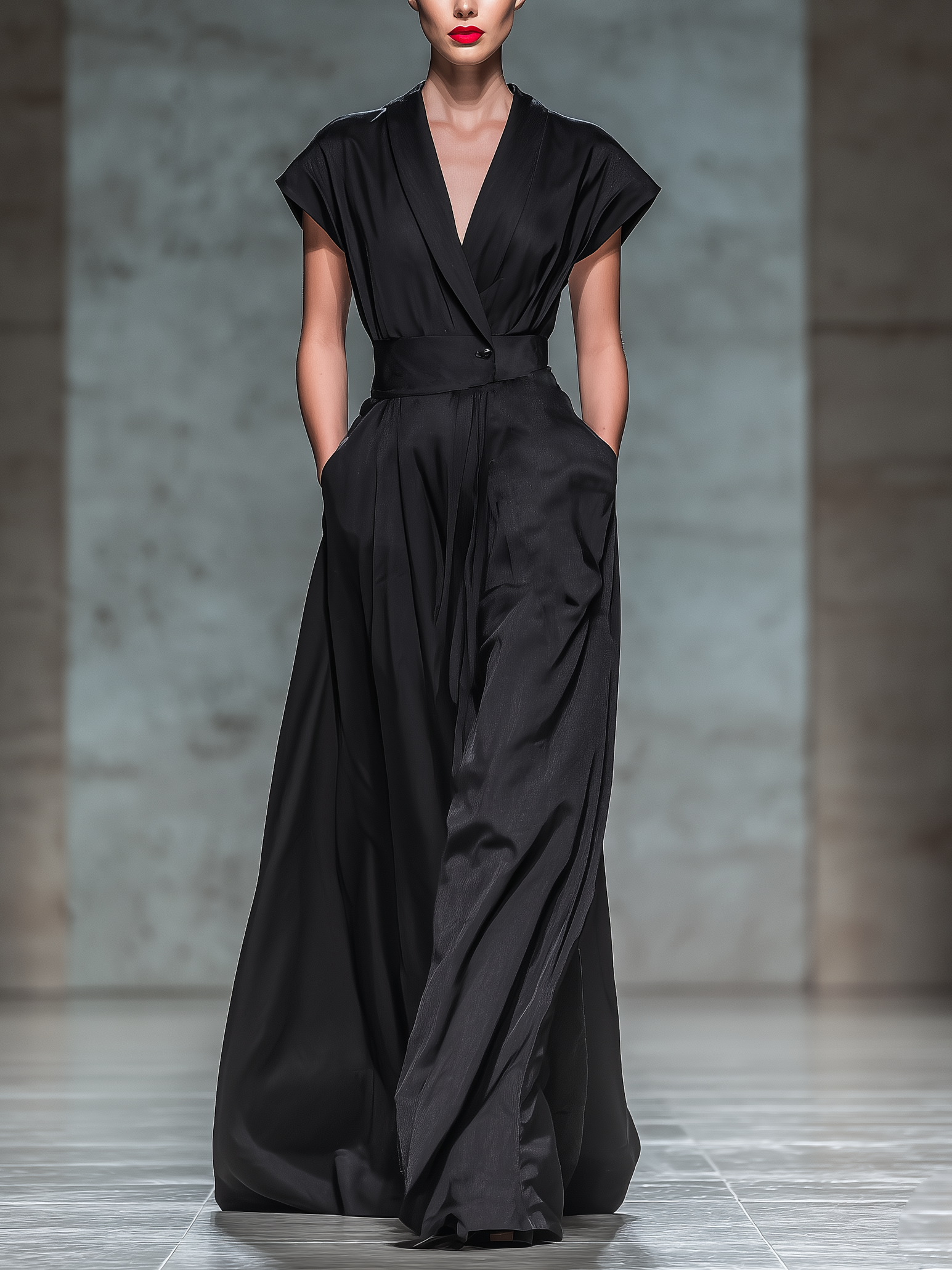Women's Elegant Black Satin Short-sleeved Shirt-collar Maxi Dress MDZ0889A9AN