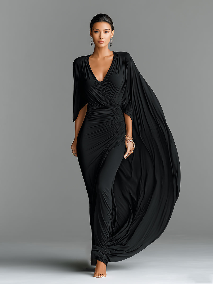 Women's Black Stretch Jersey Dress With Deep V-Neck & Cape Sleeve, Timeless Dramatic-Luxe Style Dress MDZ1696A1I