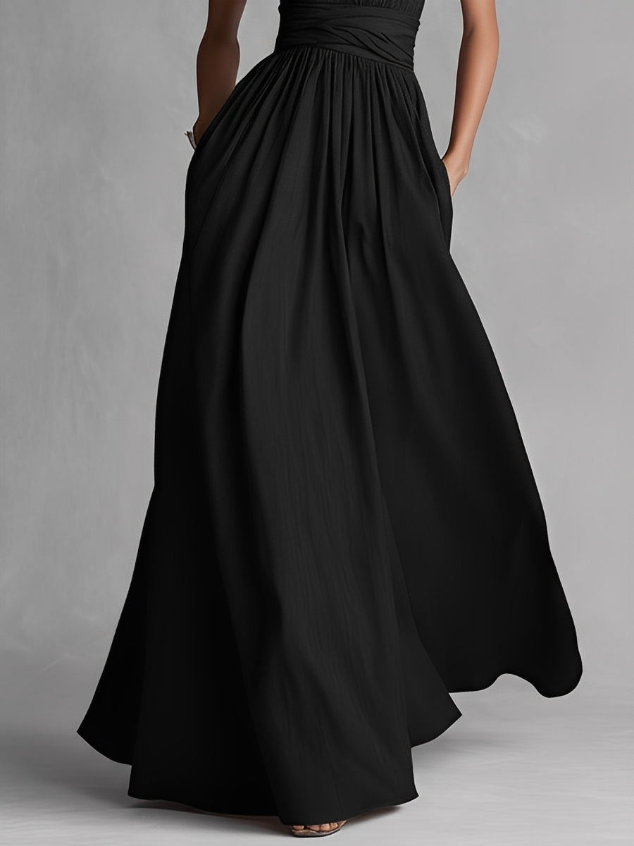 Women's Black Woven Dress With Halter Neck & Deep V Detail, Timeless Sleek-Elegant Style Dress MDZ1239A6I