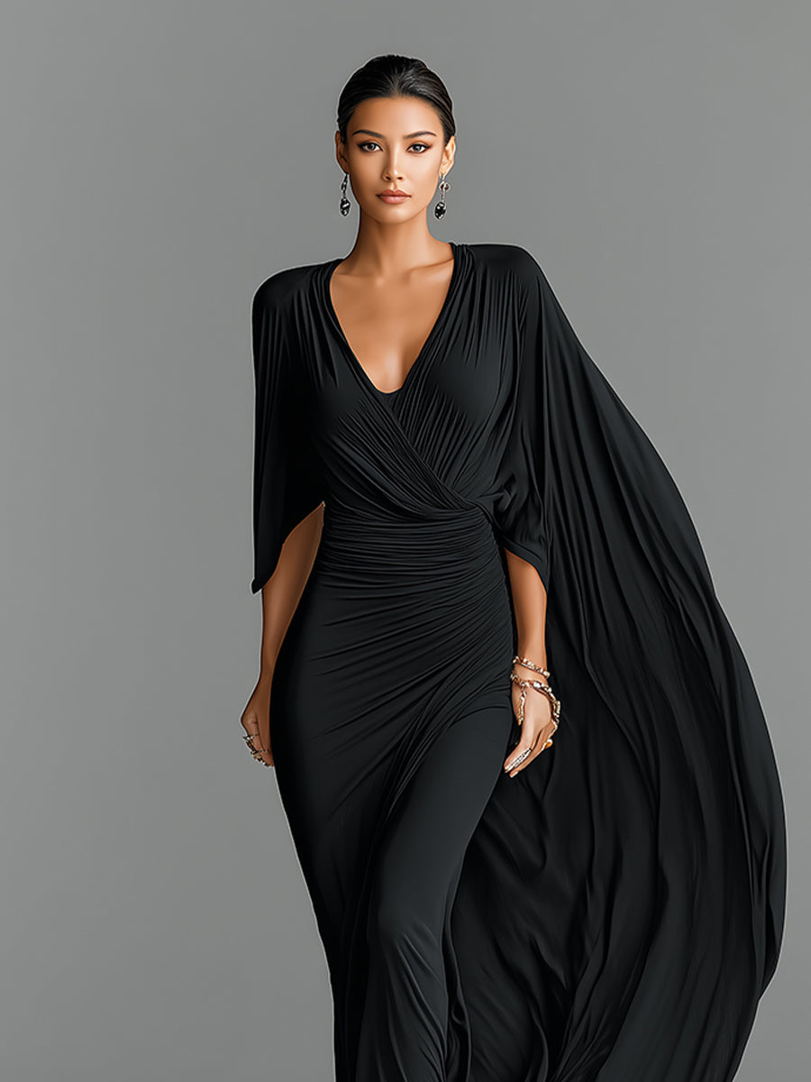 Women's Black Stretch Jersey Dress With Deep V-Neck & Cape Sleeve, Timeless Dramatic-Luxe Style Dress MDZ1696A1I