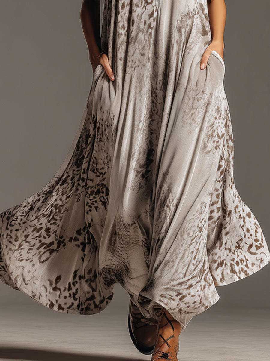 Western Retro Leopard Print Gray Velvet Hooded Maxi Dress