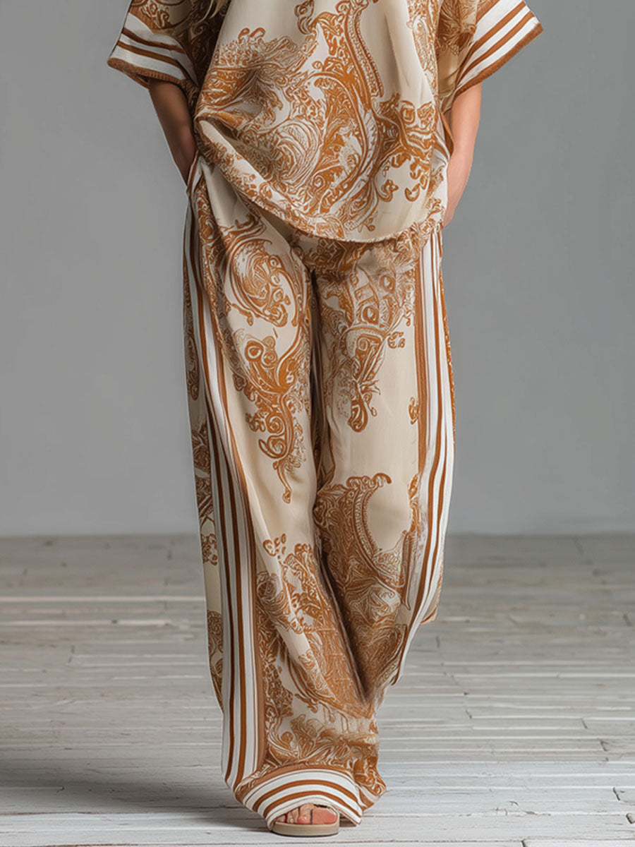 Vintage Paisley Print V-neck Chiffon Short-sleeved Top And Pants Set