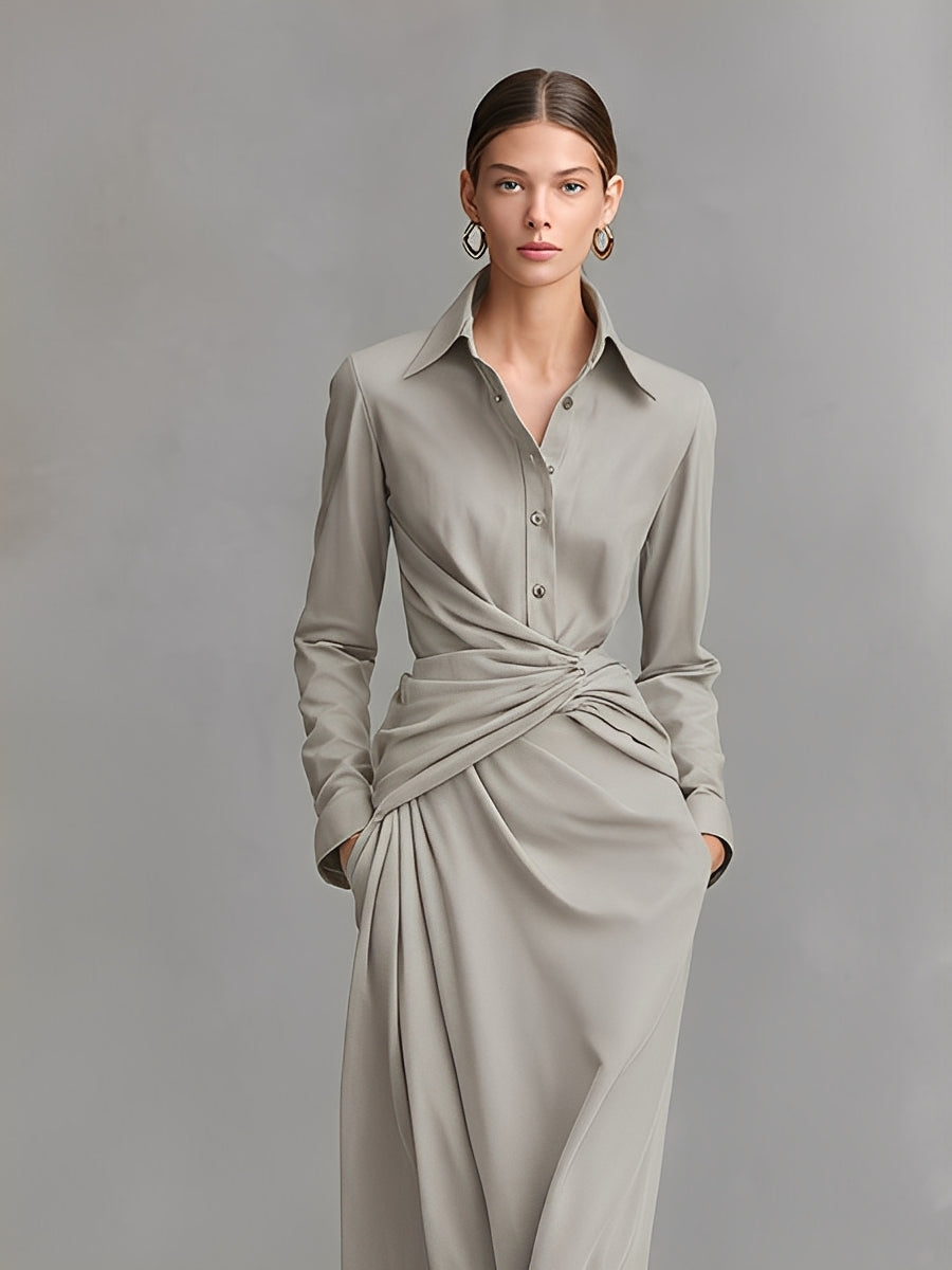 Women's Light Gray Woven Dress With Button-Front Shirt Collar & Knot Waist, Timeless Polished-Elegant Style Dress MDZ0956A4I