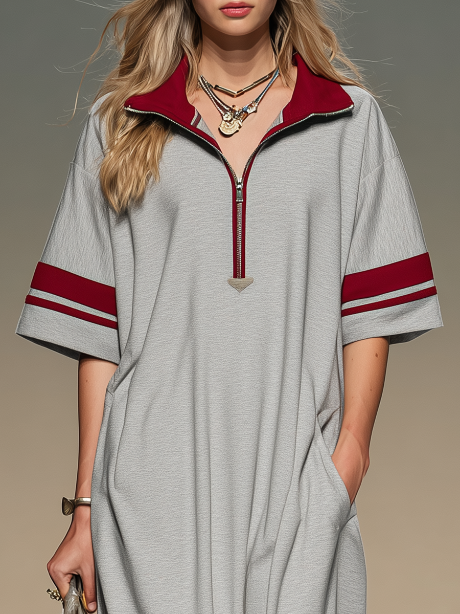 Sporty Retro Color-blocked Trim Zip-up Collared Short-sleeved Maxi Dress