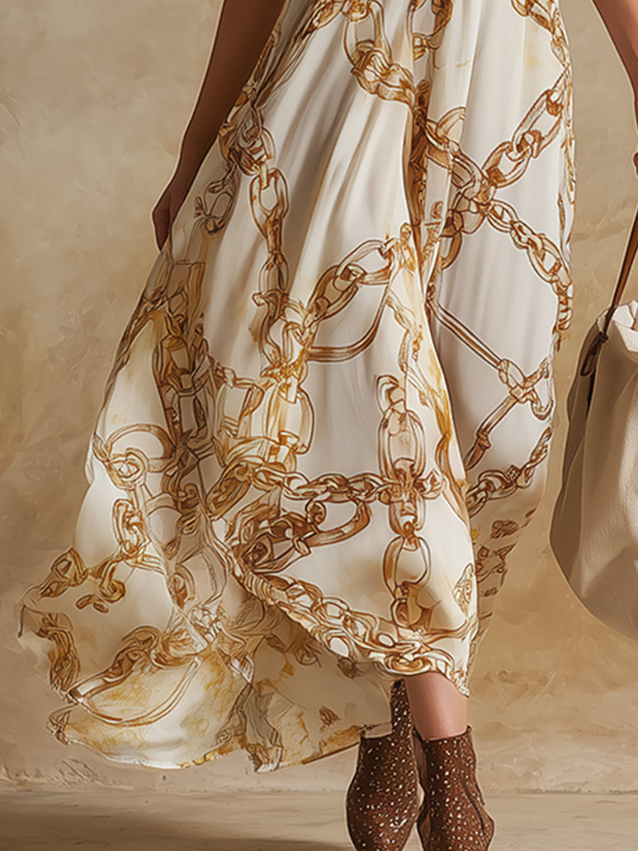 Elegant Vintage Chain Print White Chiffon V-neck Sleeveless Maxi Dress