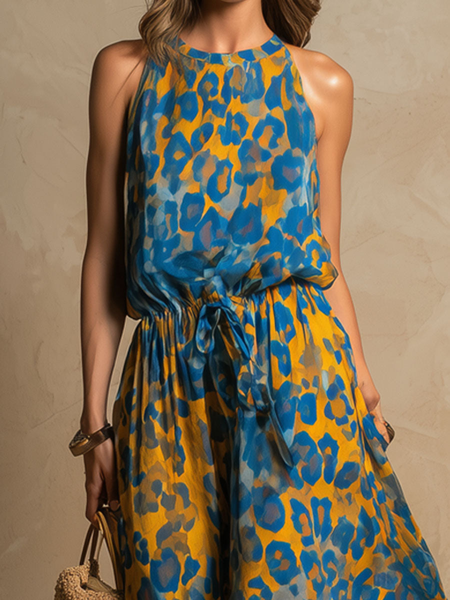 Leopard Print Round-neck Chiffon Sleeveless Maxi Dress